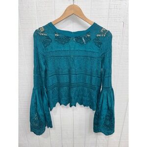 Free People Crochet Knit Top Women Teal Blue Bell Sleeve Lace XS